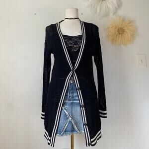 American Eagle Outfitters Black Knit Long Cardigan with White Trim